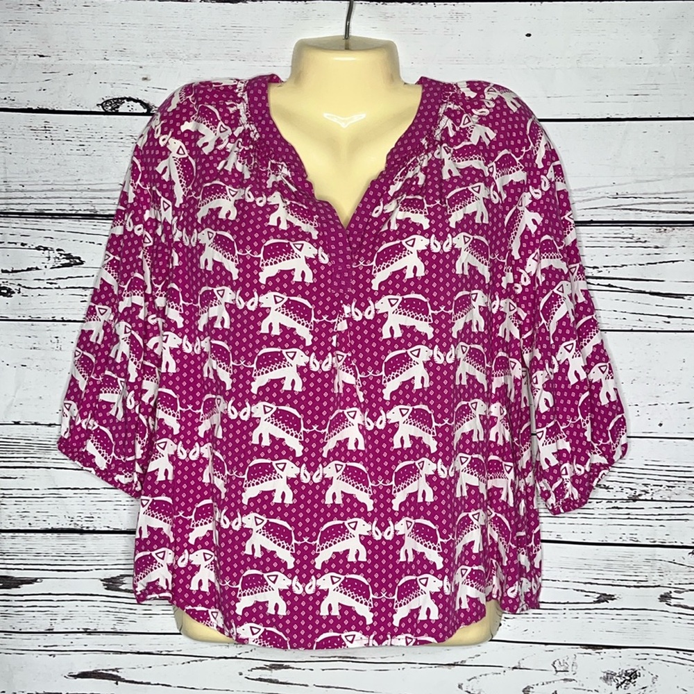 Crown & Ivy Petite Size PL Elephant Print Split V-Neckline Peasant Shirt Top